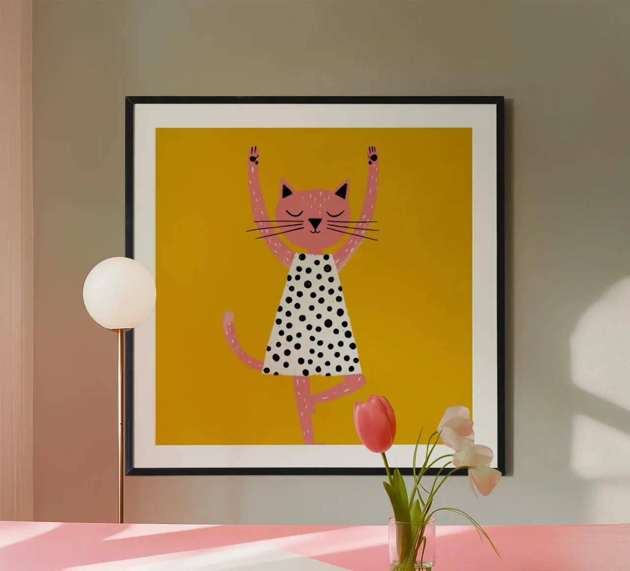Vestito a pois Cat Yoga Pose Moderno Scandinavo Bambini Poster poster con telaio in legno da Modern Muse