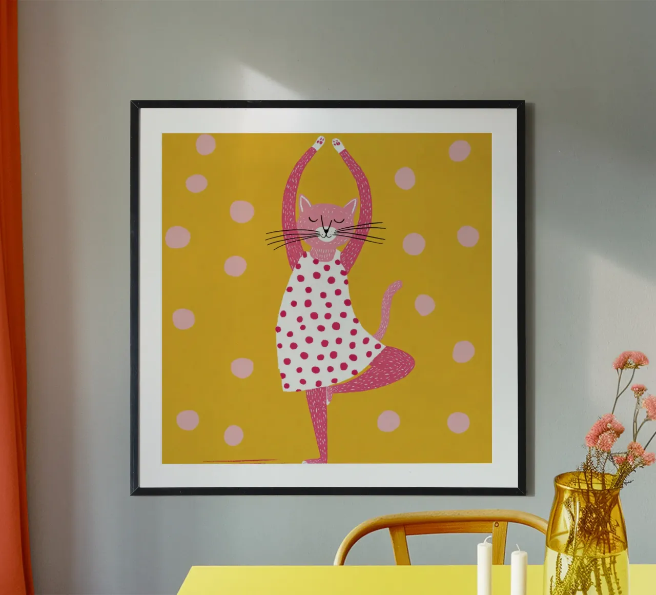 Gatto a pois in posizione yoga rosa per bambini Arte scandinava poster da Modern Muse