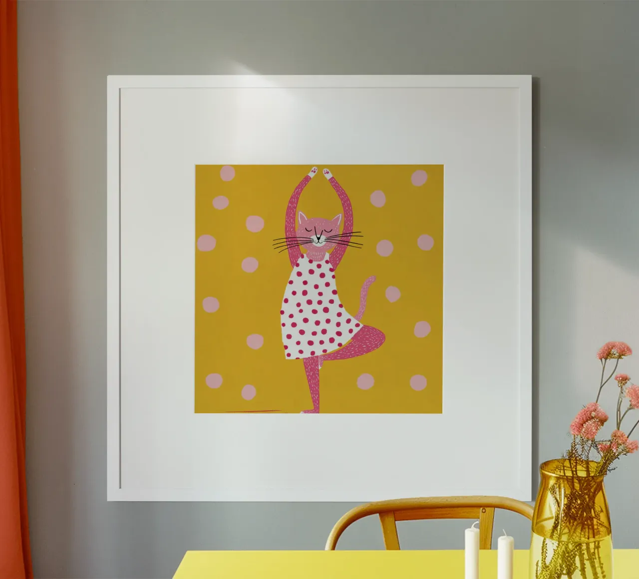 Gatto a pois in posizione yoga rosa per bambini Arte scandinava poster da Modern Muse