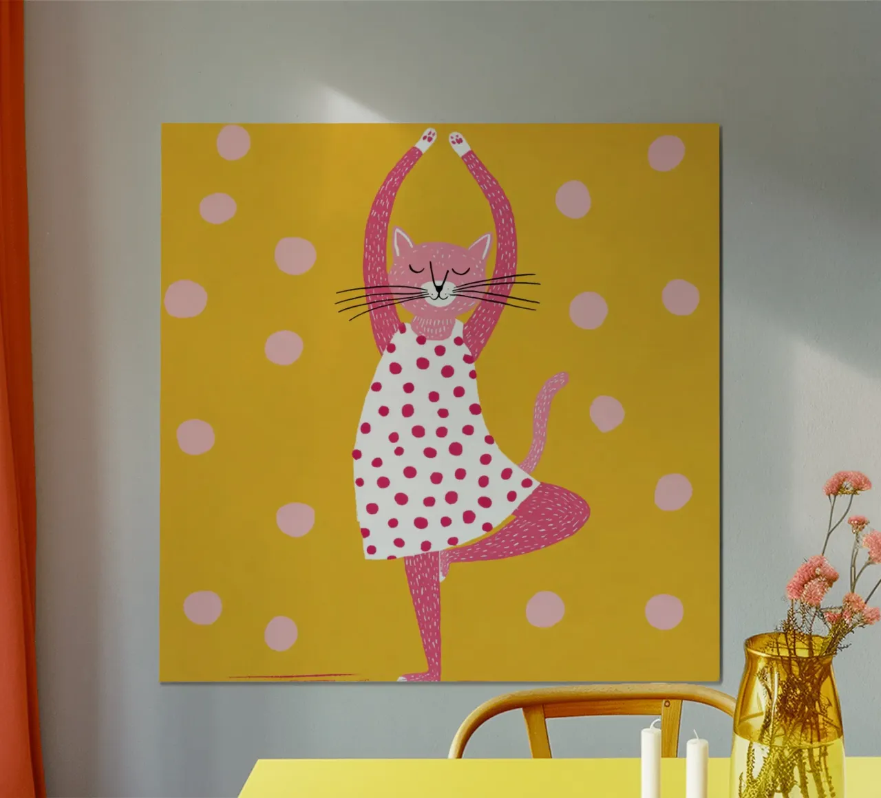 Gatto a pois in posizione yoga rosa per bambini Arte scandinava poster da Modern Muse