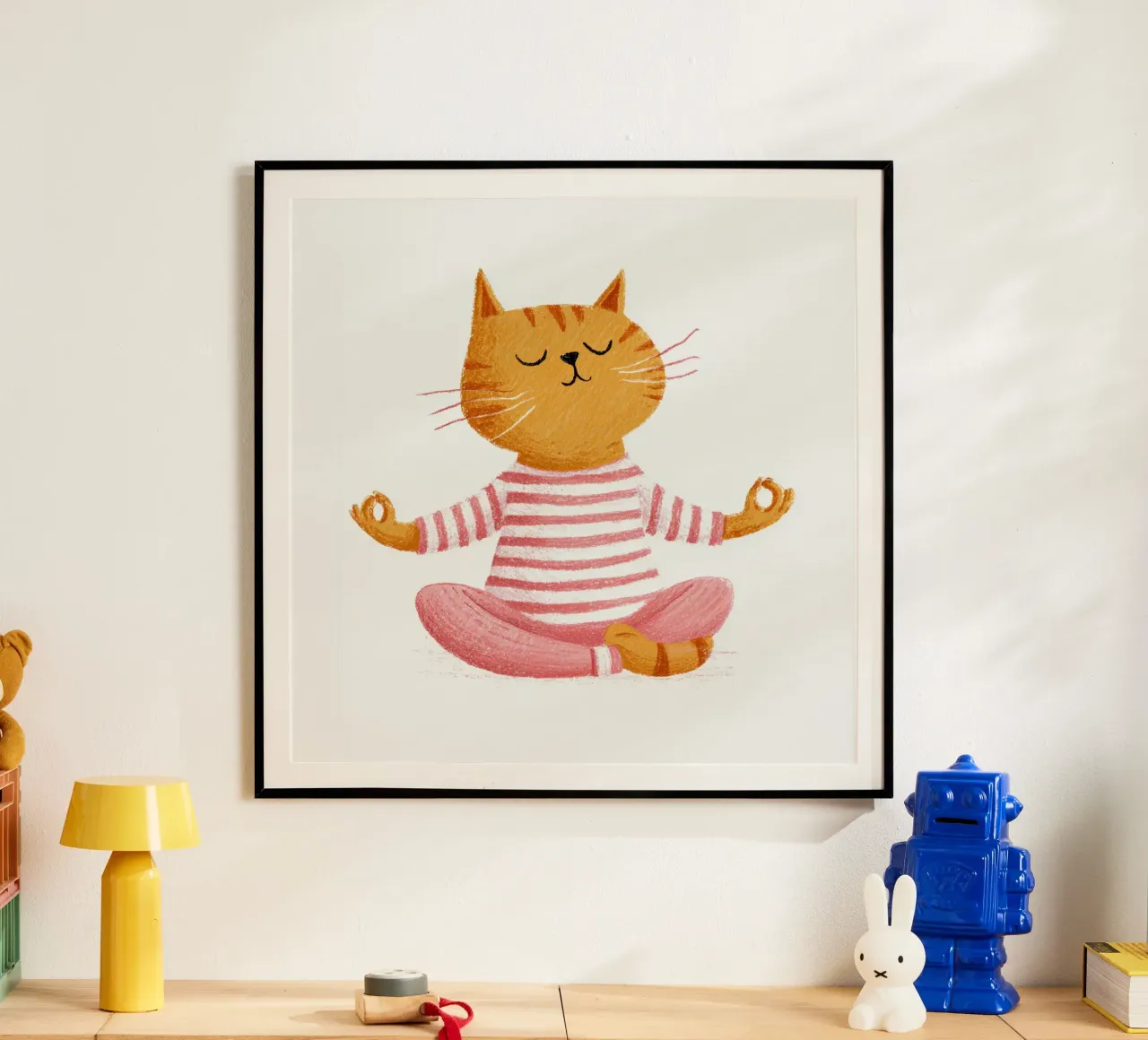 Gatto a strisce che medita Calma Bambini Illustrazione scandinava poster con telaio in plastica da Modern Muse