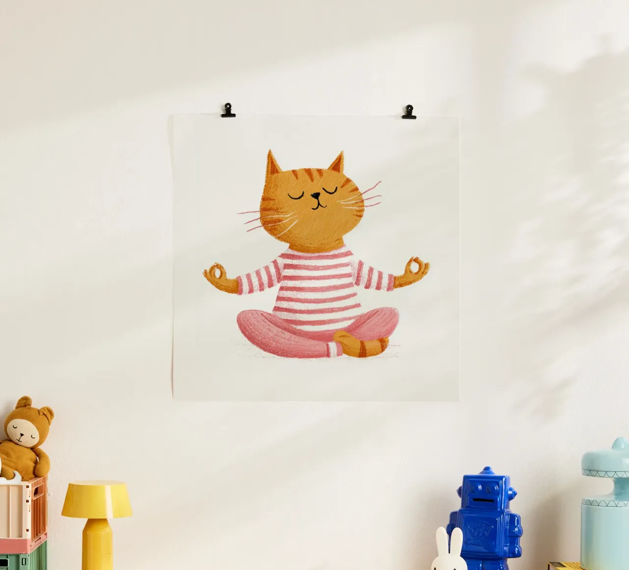 Gatto a strisce che medita Calma Bambini Illustrazione scandinava poster con telaio in plastica da Modern Muse