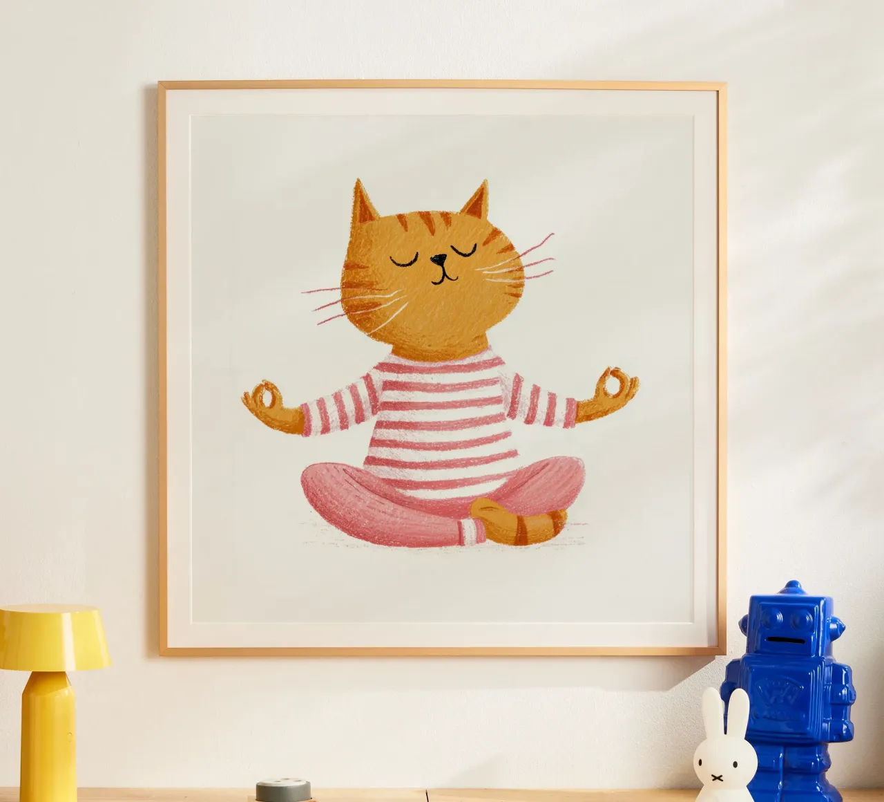 Gatto a strisce che medita Calma Bambini Illustrazione scandinava poster con telaio in plastica da Modern Muse