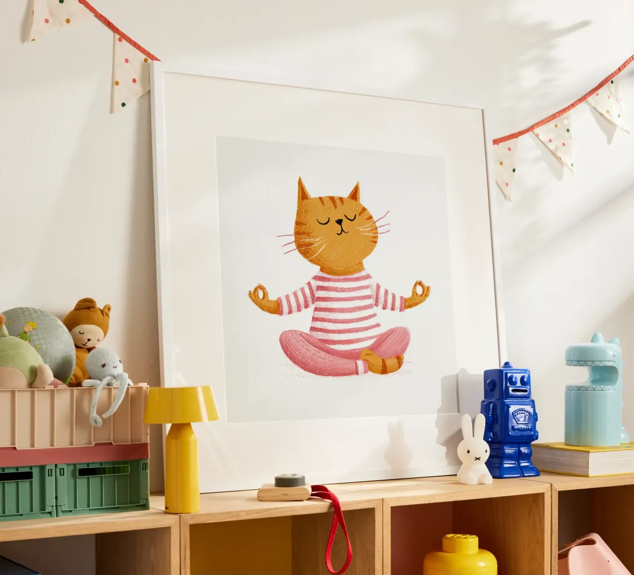 Gatto a strisce che medita Calma Bambini Illustrazione scandinava poster con telaio in plastica da Modern Muse