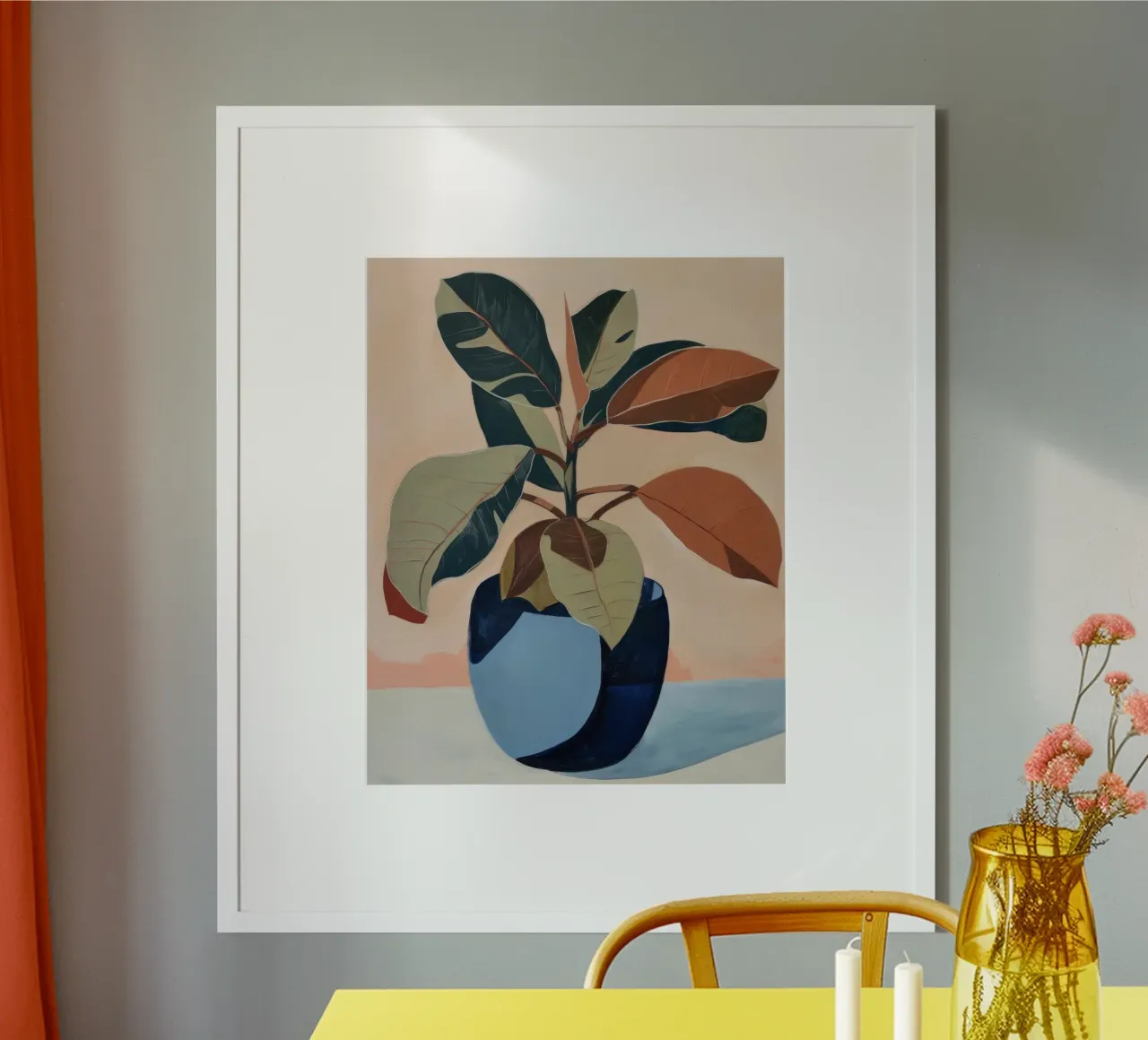 Vaso blu, foglie in grassetto poster con telaio in legno da DaarbyN