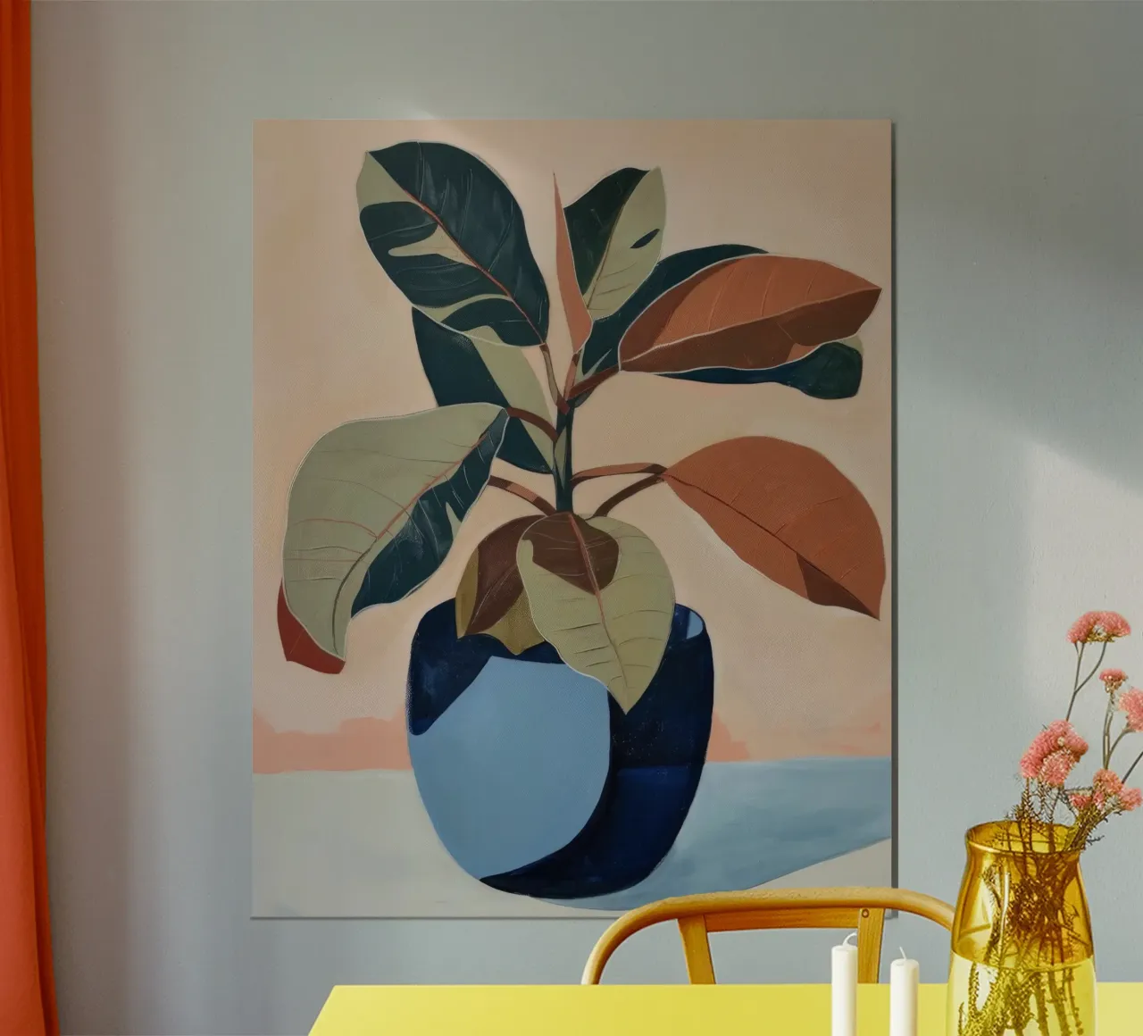 Vaso blu, foglie in grassetto poster con telaio in legno da DaarbyN