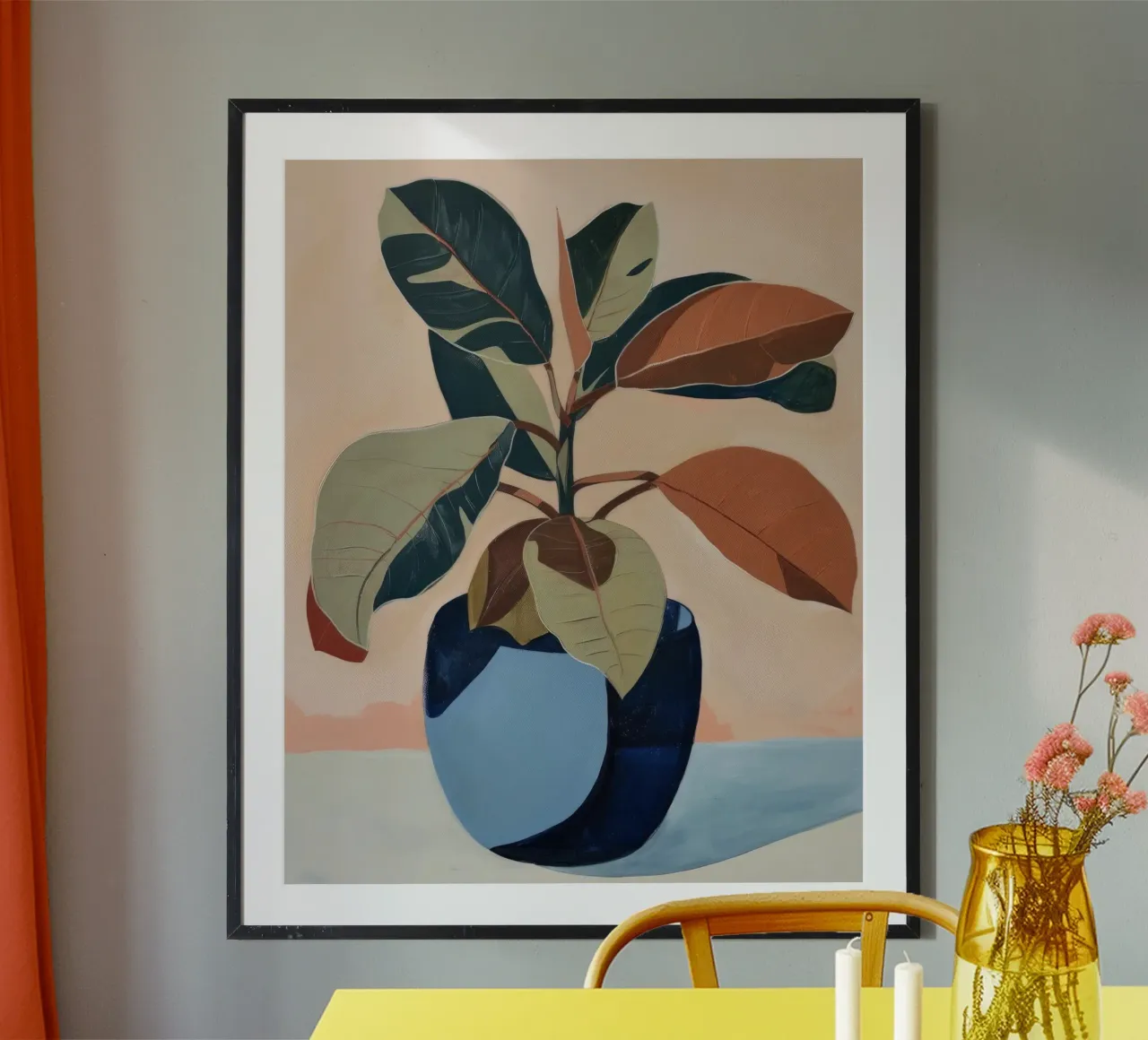 Vaso blu, foglie in grassetto poster con telaio in legno da DaarbyN