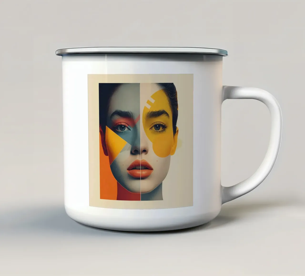 Volto di donna con blocchi di colore geometrici tazza in smalto da DesignDoodle