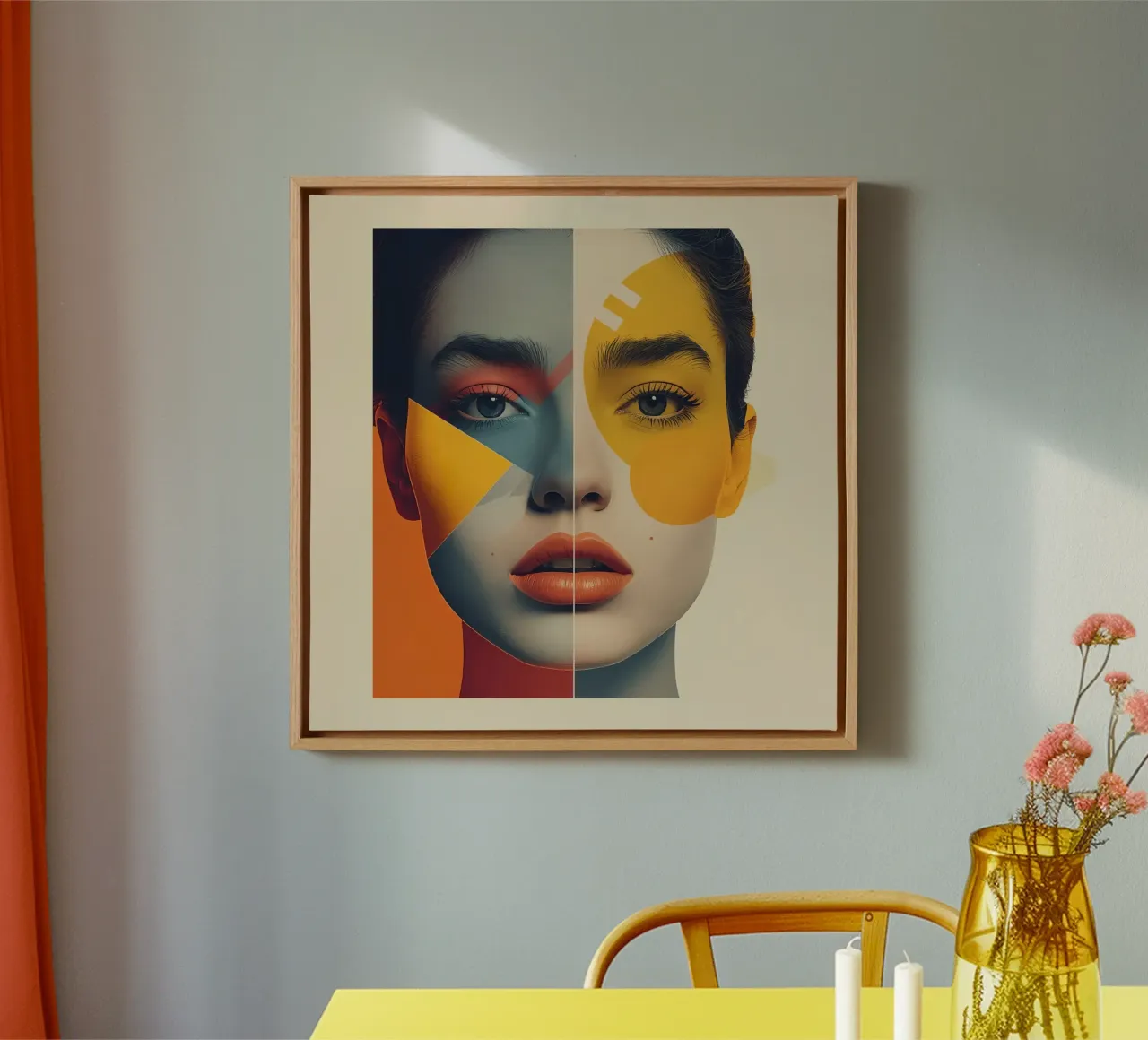 Woman's Face with Geometric Color Blocks canvas with Floater frame by DesignDoodle