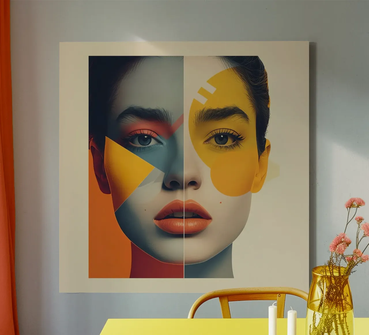 Woman's Face with Geometric Color Blocks canvas with Floater frame by DesignDoodle