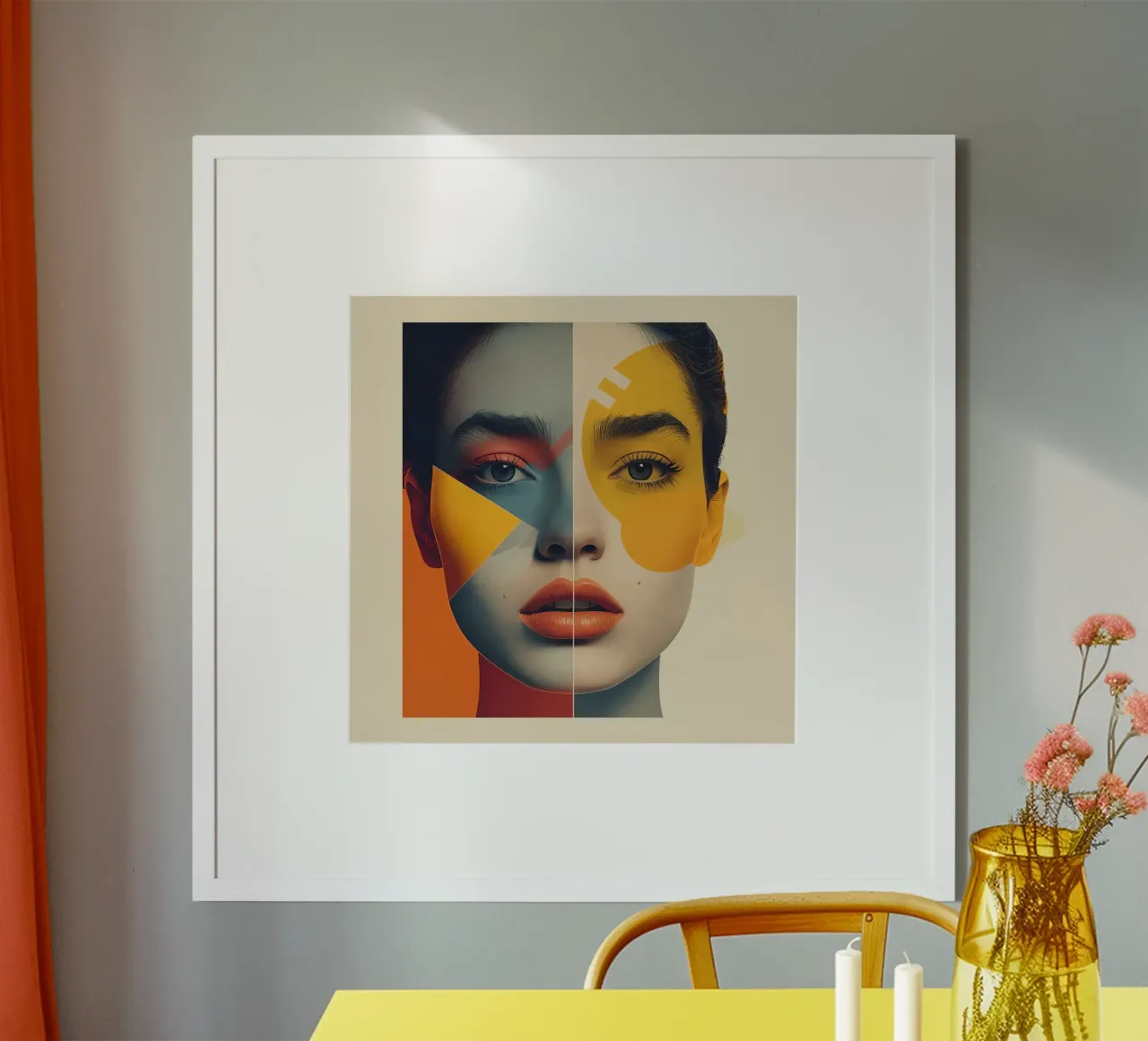 Woman's Face with Geometric Color Blocks poster with wooden frame by DesignDoodle