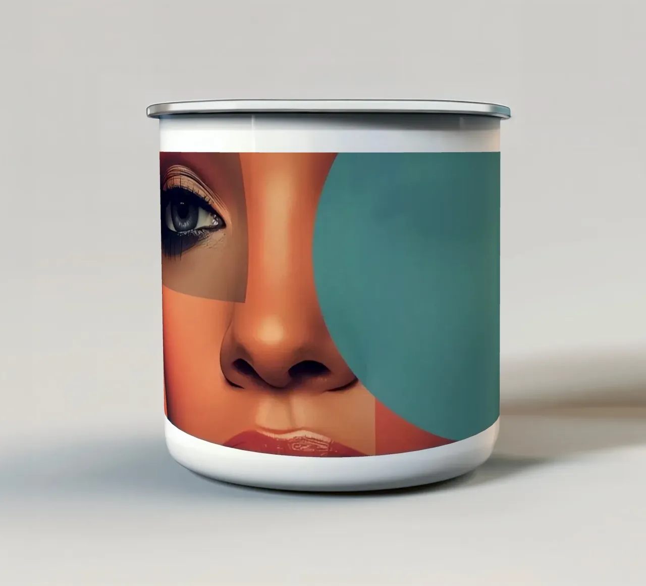 Volto di donna con sovrapposizione geometrica tazza in smalto da DesignDoodle