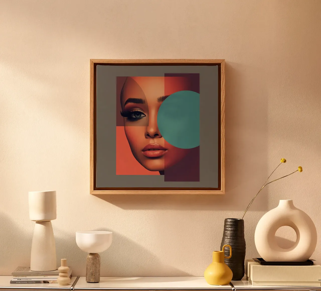 Woman's Face with Geometric Overlay canvas with Floater frame by DesignDoodle