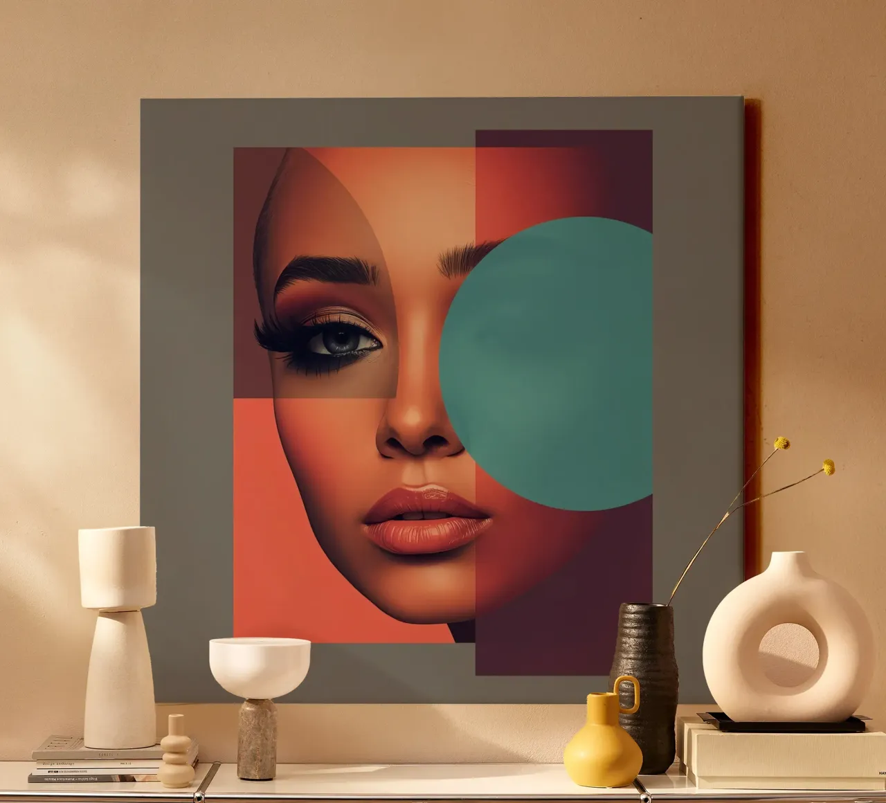 Woman's Face with Geometric Overlay canvas with Floater frame by DesignDoodle