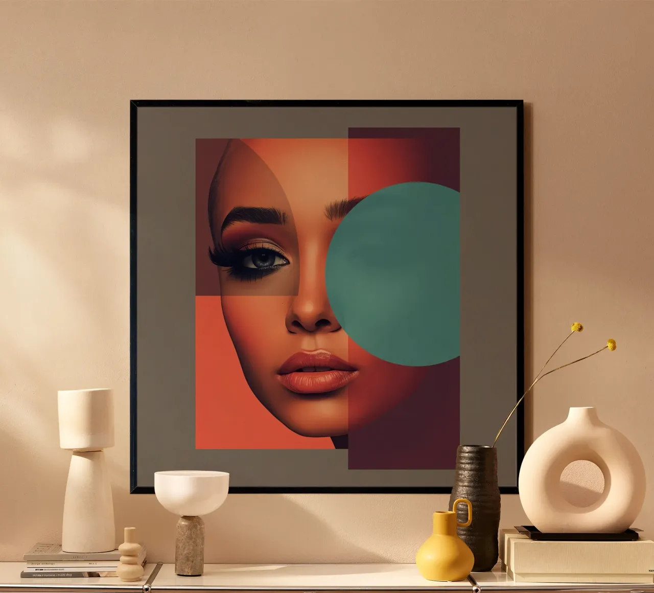 Volto di donna con sovrapposizione geometrica poster con telaio in plastica da DesignDoodle