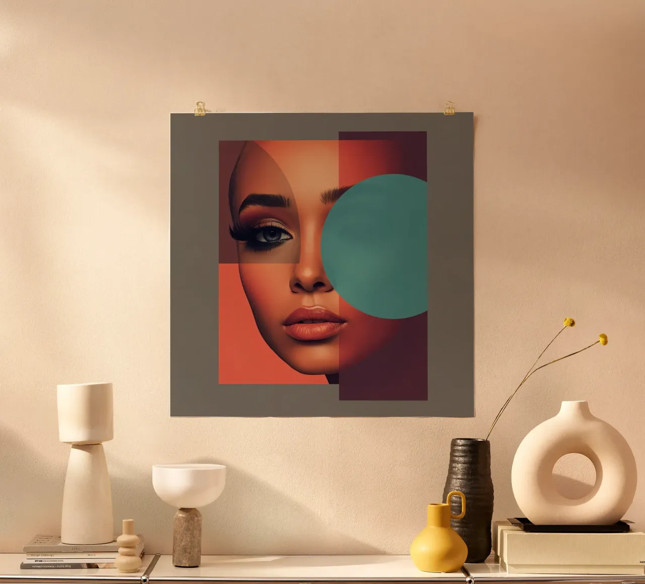 Volto di donna con sovrapposizione geometrica poster con telaio in plastica da DesignDoodle