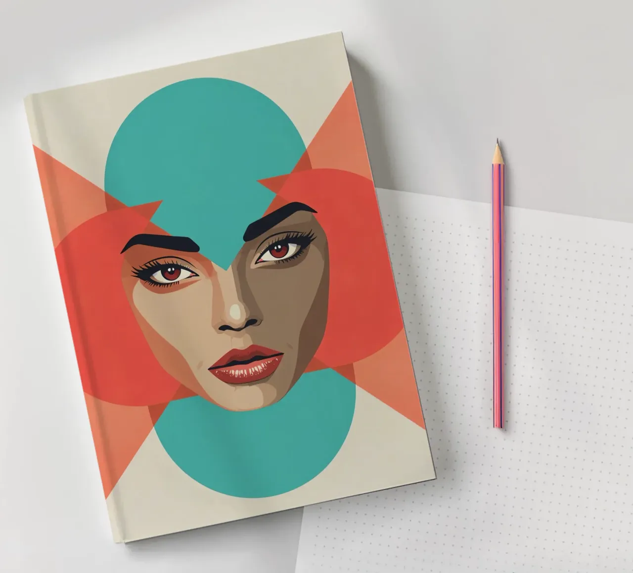 Woman's Face with Geometric Overlays abstract shapes notebook by DesignDoodle