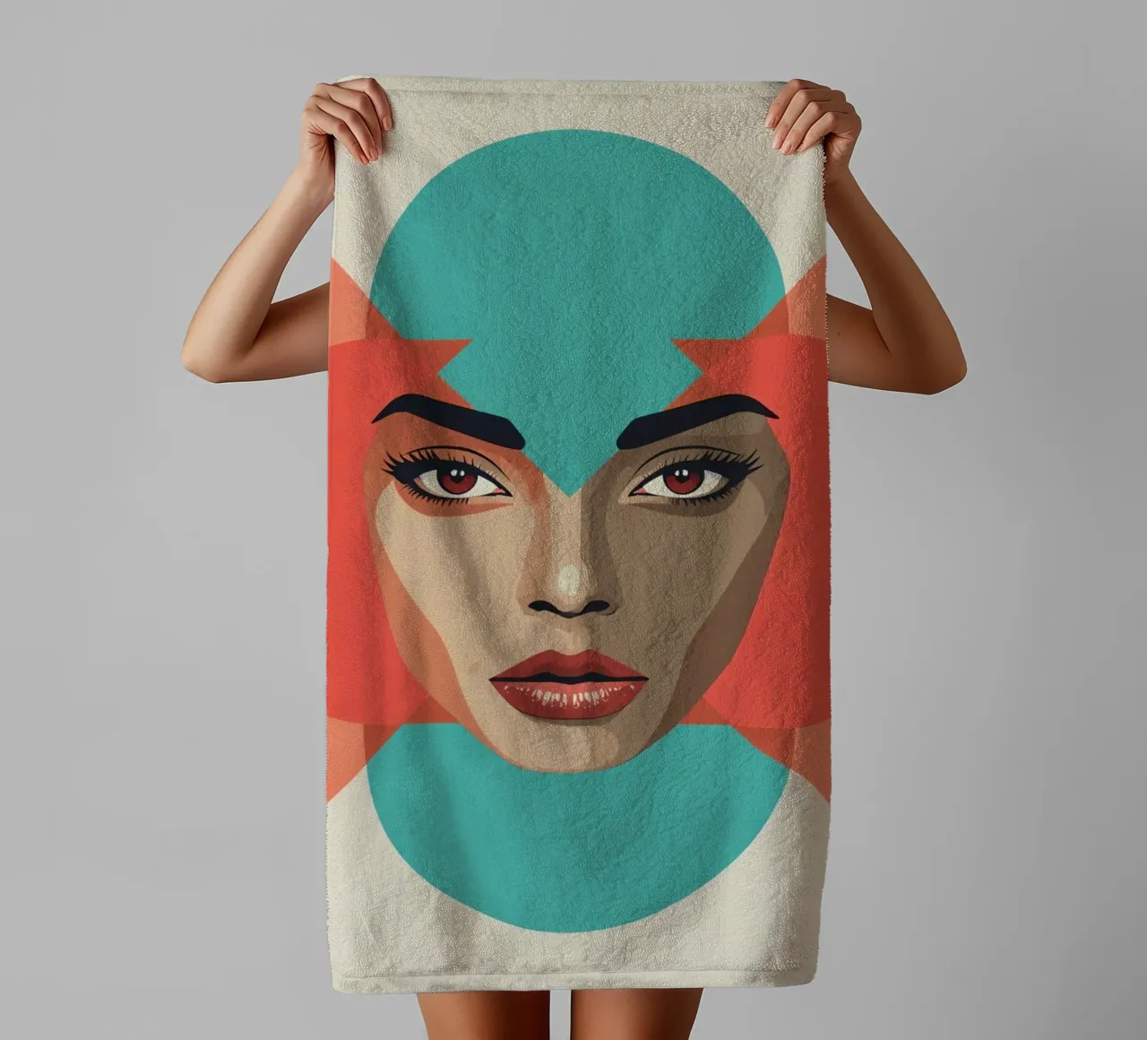 Woman's Face with Geometric Overlays abstract shapes towel by DesignDoodle