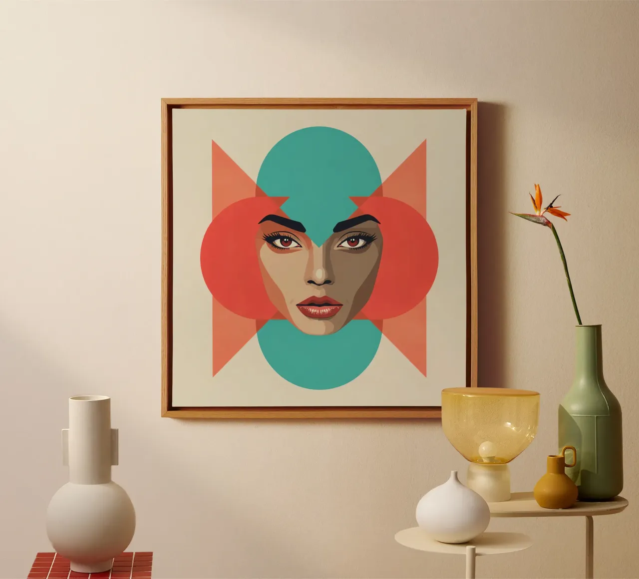 Volto di donna con sovrapposizioni geometriche forme astratte tela con Cornice a cassetta da DesignDoodle