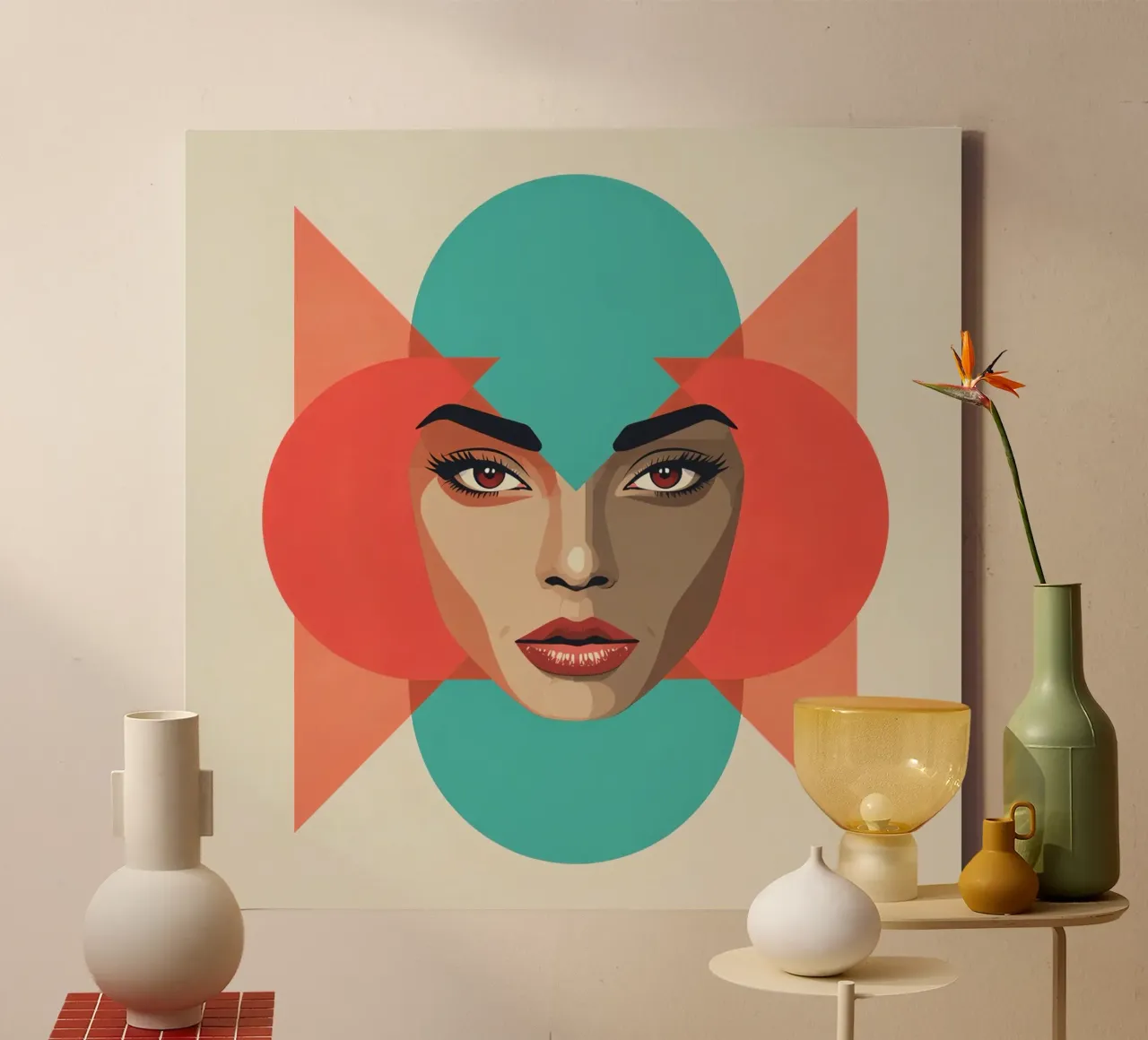 Volto di donna con sovrapposizioni geometriche forme astratte tela con Cornice a cassetta da DesignDoodle