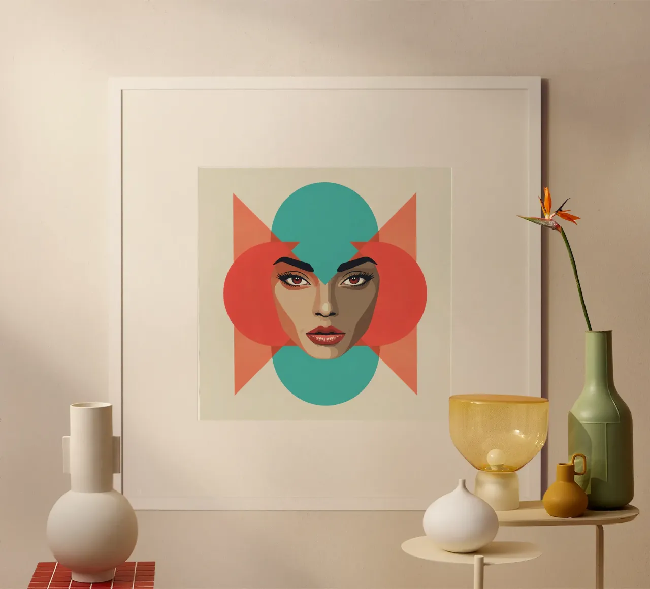 Volto di donna con sovrapposizioni geometriche forme astratte poster con telaio in legno da DesignDoodle