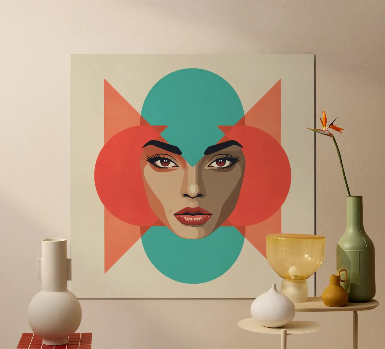 Volto di donna con sovrapposizioni geometriche forme astratte poster con telaio in legno da DesignDoodle