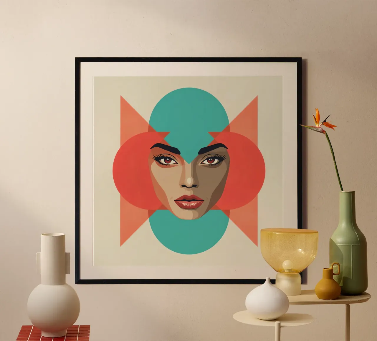 Volto di donna con sovrapposizioni geometriche forme astratte poster con telaio in legno da DesignDoodle