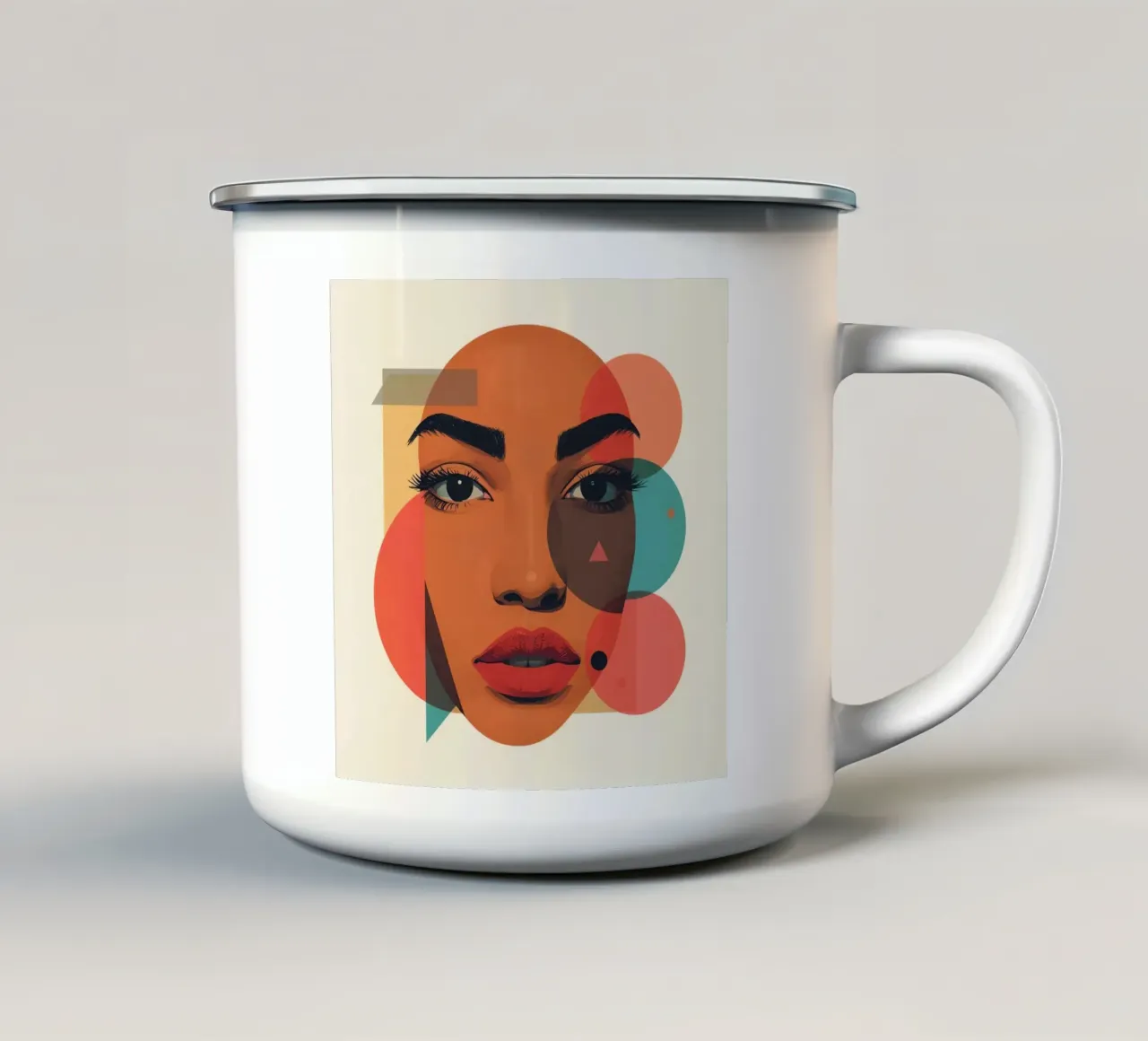 Volto di donna con sovrapposizione di forme geometriche tazza in smalto da DesignDoodle