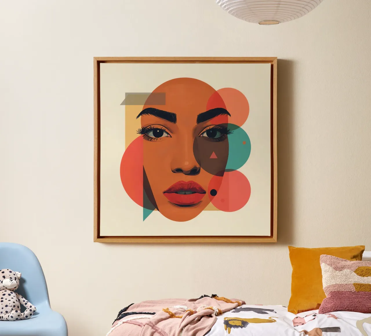 Volto di donna con sovrapposizione di forme geometriche tela con Cornice a cassetta da DesignDoodle