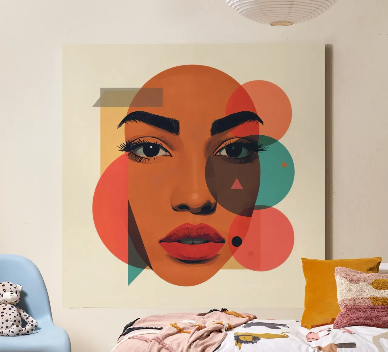 Volto di donna con sovrapposizione di forme geometriche tela con Cornice a cassetta da DesignDoodle