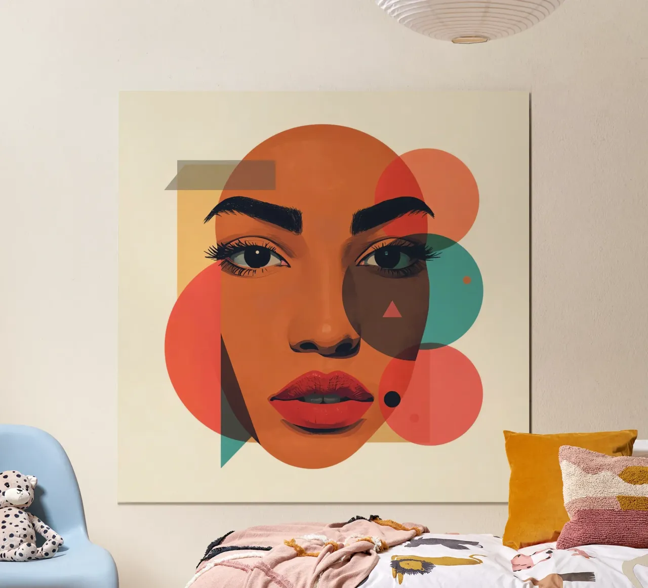 Volto di donna con sovrapposizione di forme geometriche poster con telaio in legno da DesignDoodle