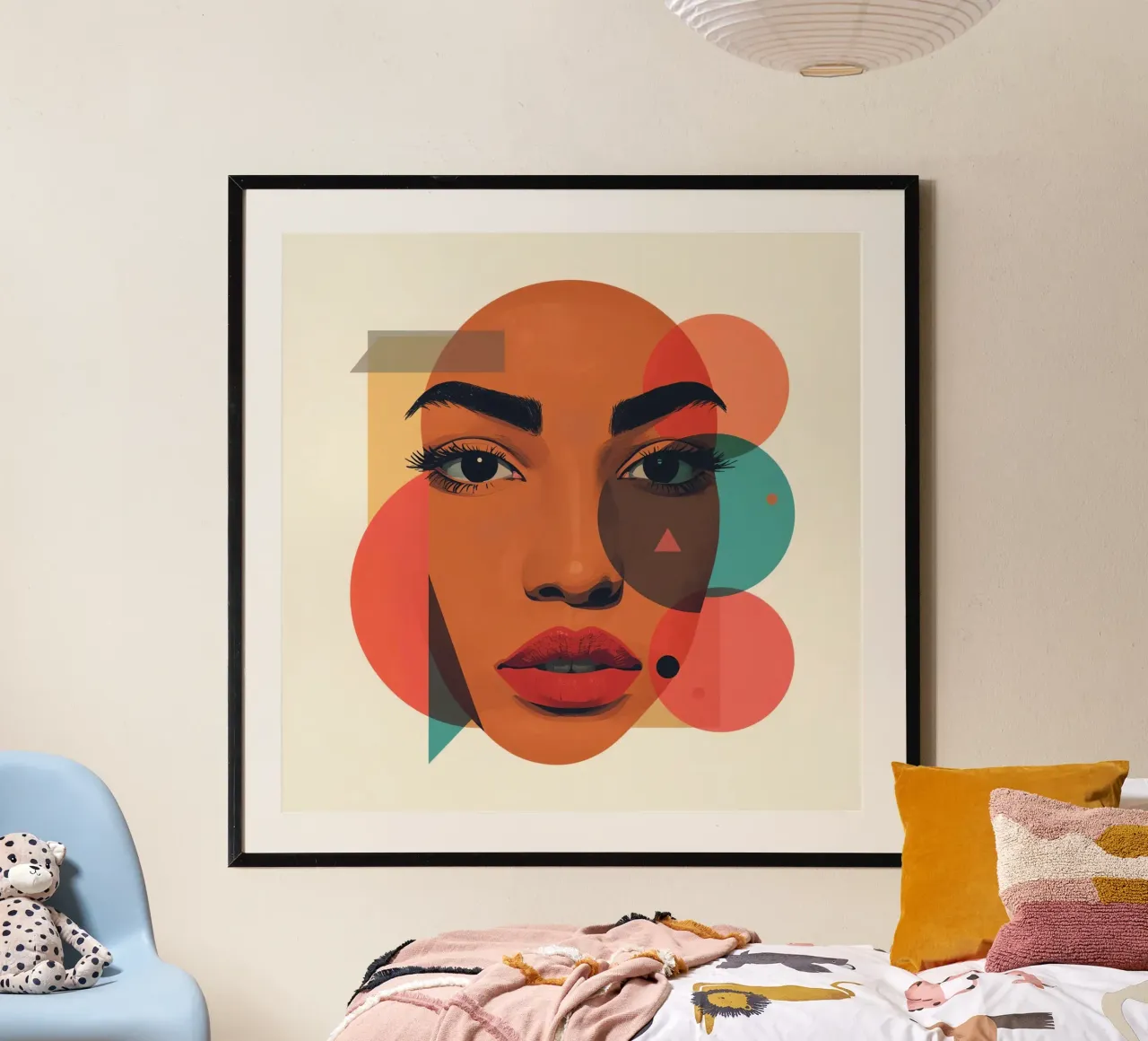Volto di donna con sovrapposizione di forme geometriche poster con telaio in legno da DesignDoodle