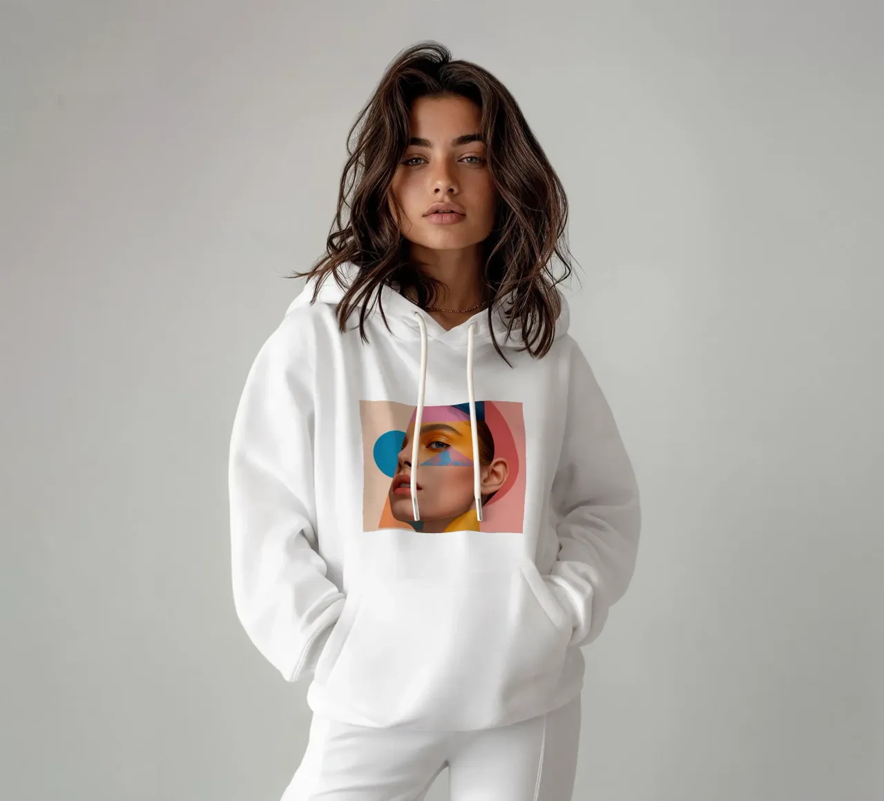Volto di donna con sovrapposizioni di forme geometriche e colori brillanti felpa con cappuccio da DesignDoodle