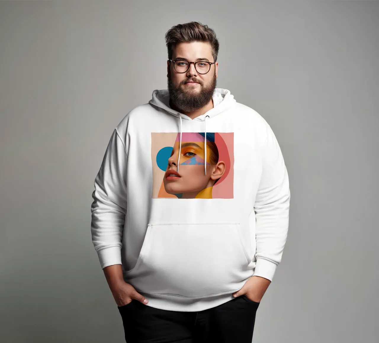 Volto di donna con sovrapposizioni di forme geometriche e colori brillanti felpa con cappuccio da DesignDoodle