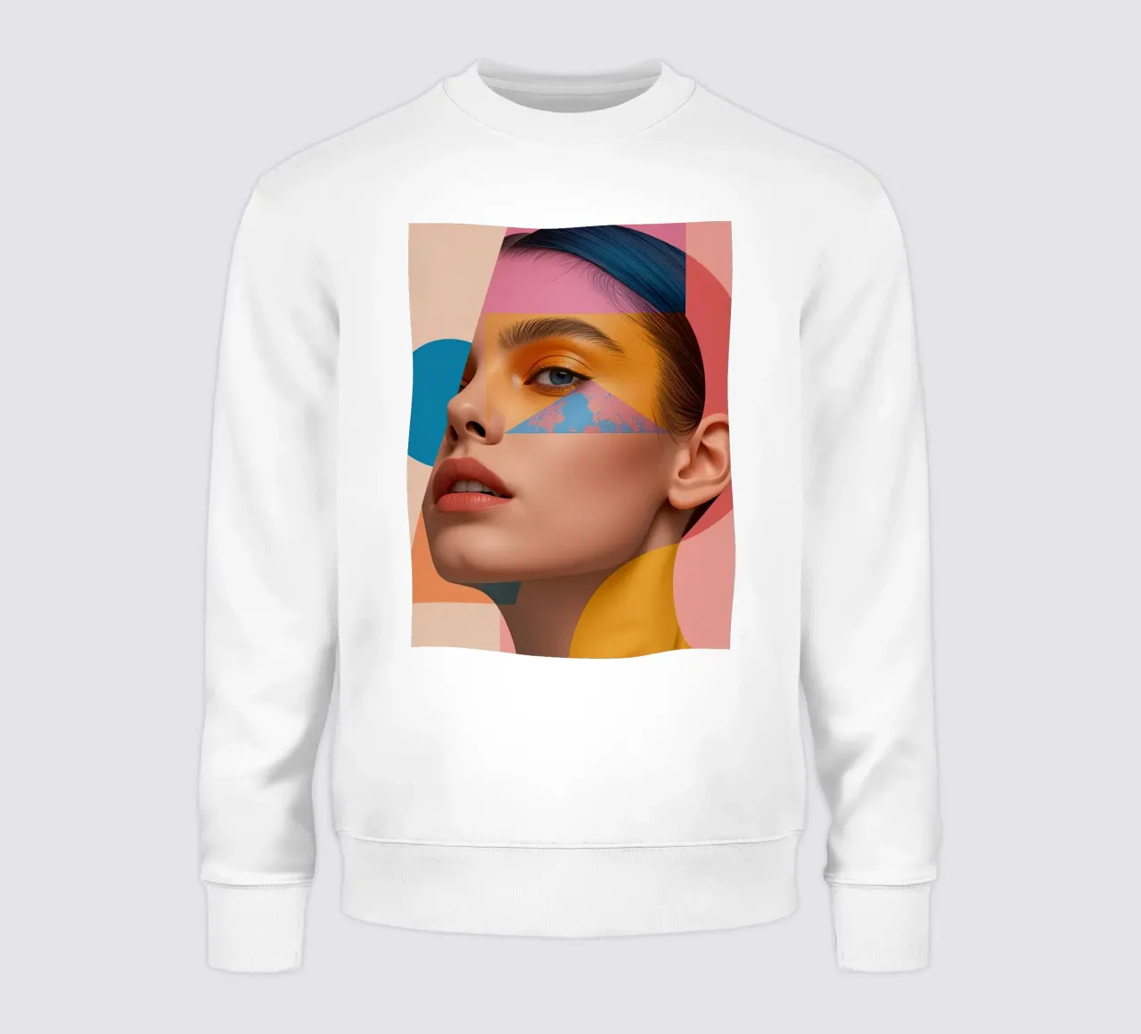 Volto di donna con sovrapposizioni di forme geometriche e colori brillanti felpa da DesignDoodle