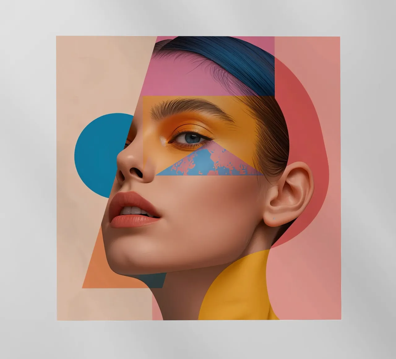 Volto di donna con sovrapposizioni di forme geometriche e colori brillanti pellicola backlit da DesignDoodle