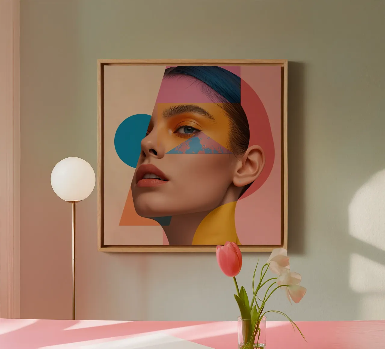 Volto di donna con sovrapposizioni di forme geometriche e colori brillanti tela con Cornice a cassetta da DesignDoodle