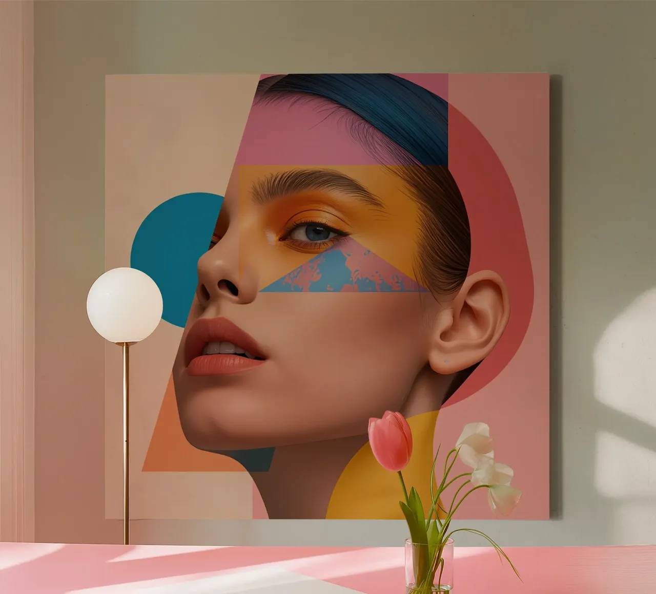 Volto di donna con sovrapposizioni di forme geometriche e colori brillanti tela con Cornice a cassetta da DesignDoodle