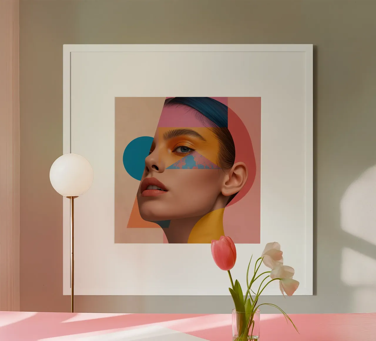 Volto di donna con sovrapposizioni di forme geometriche e colori brillanti poster con telaio in alluminio da DesignDoodle