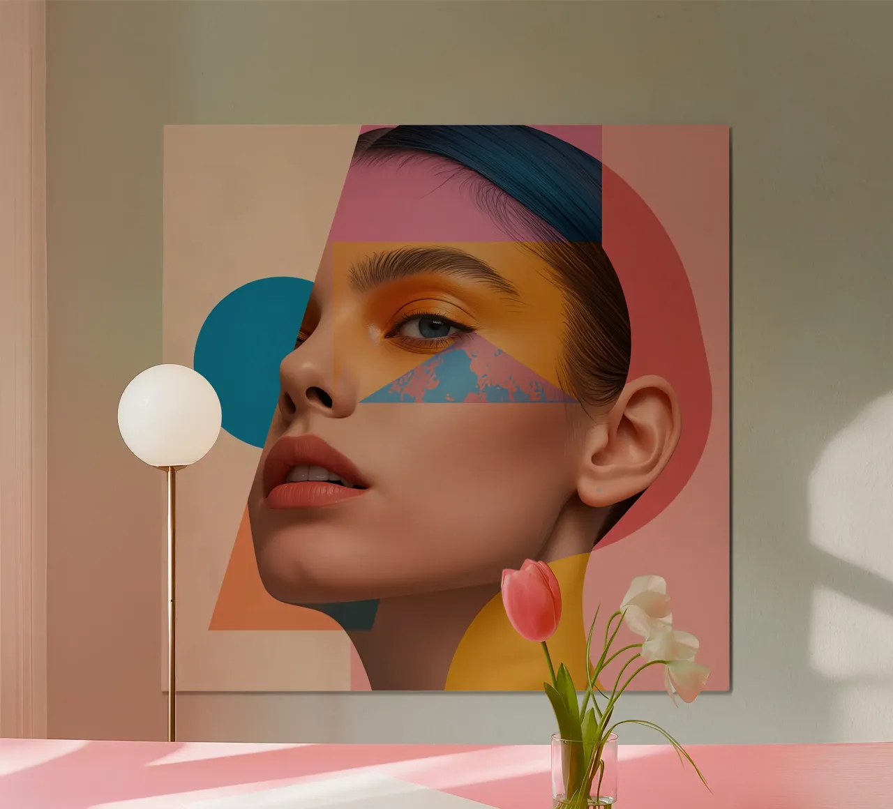Volto di donna con sovrapposizioni di forme geometriche e colori brillanti poster con telaio in alluminio da DesignDoodle