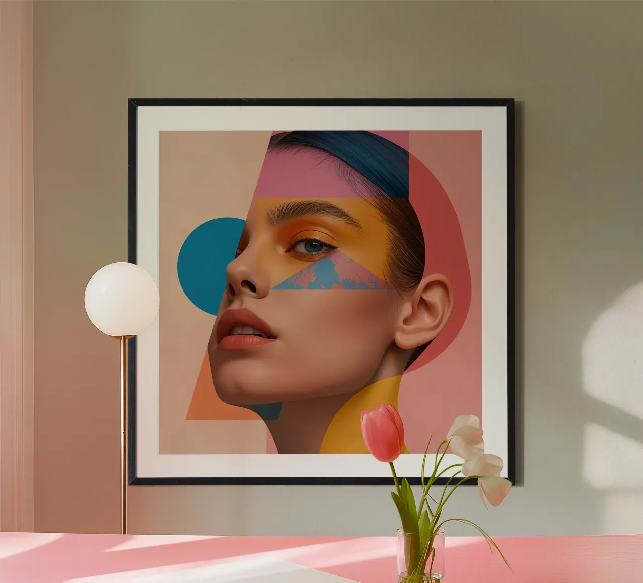 Volto di donna con sovrapposizioni di forme geometriche e colori brillanti poster con telaio in alluminio da DesignDoodle