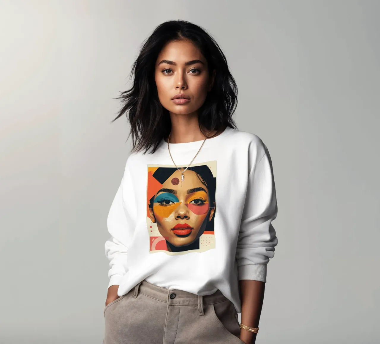 Woman's Face with Geometric Shapes and Abstract Background sweatshirt by DesignDoodle