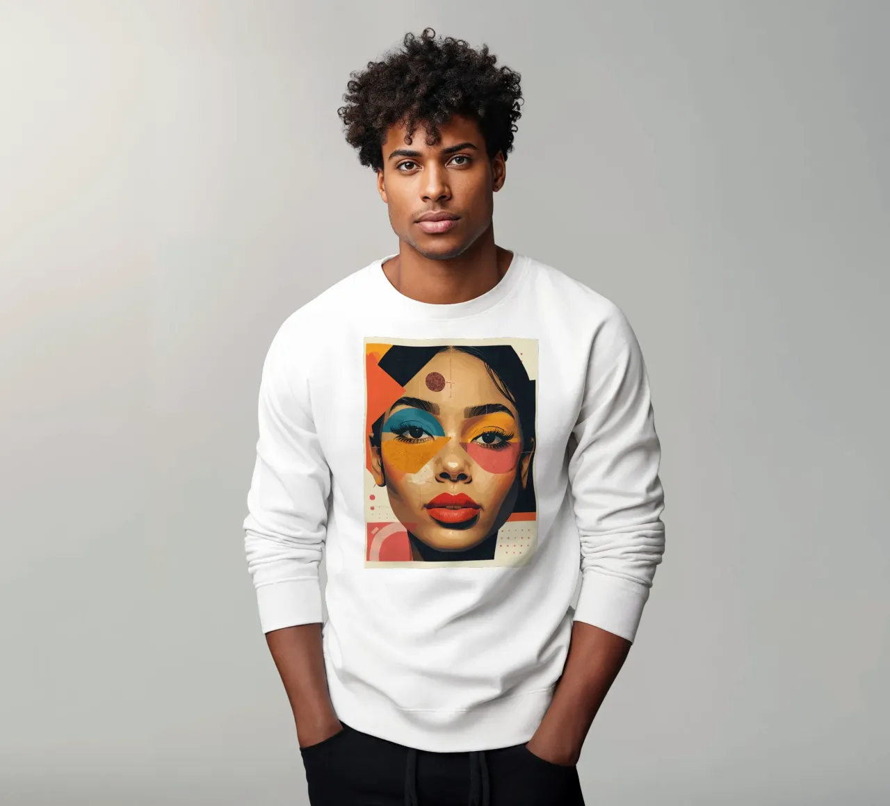 Woman's Face with Geometric Shapes and Abstract Background sweatshirt by DesignDoodle