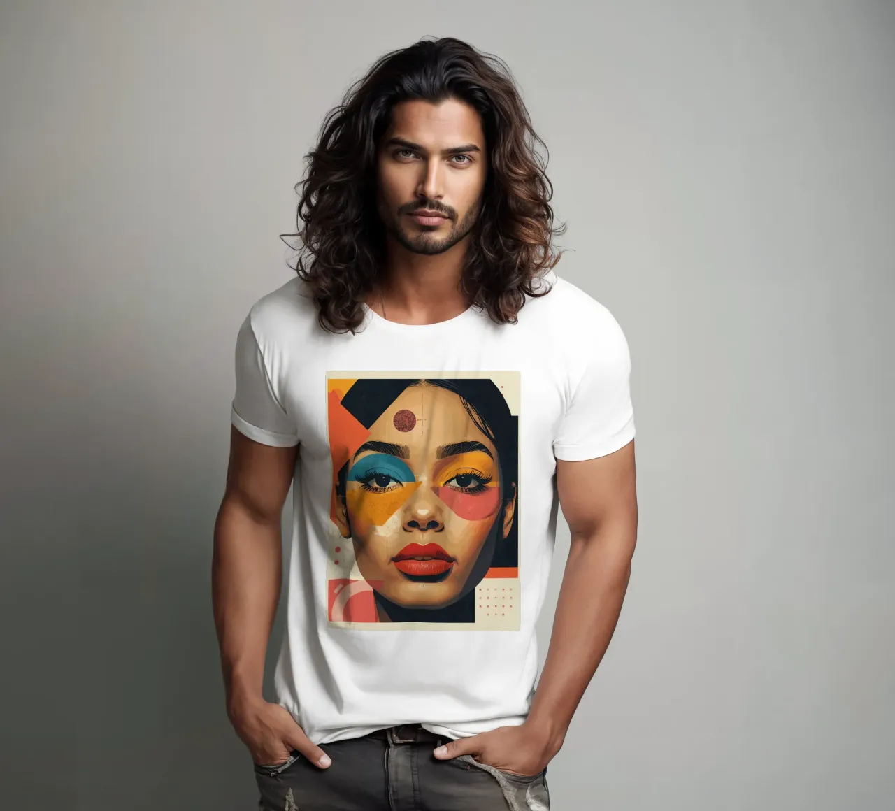 Woman's Face with Geometric Shapes and Abstract Background t-shirt by DesignDoodle