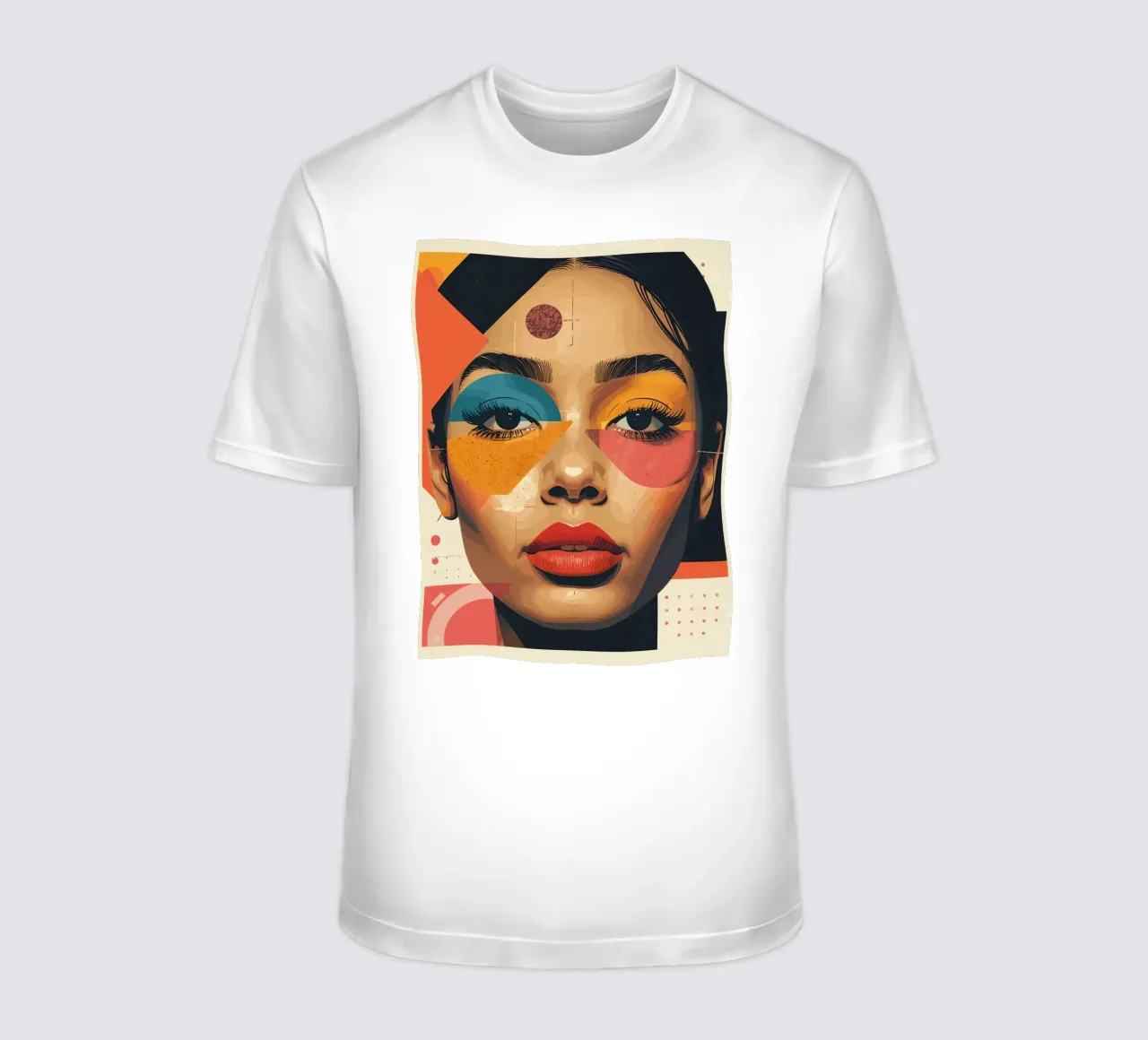 Woman's Face with Geometric Shapes and Abstract Background t-shirt by DesignDoodle