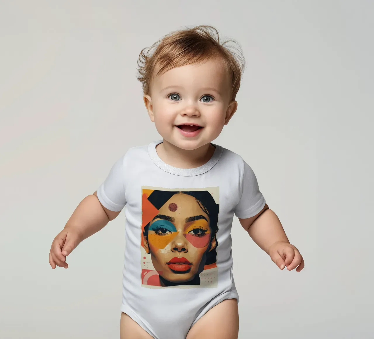 Woman's Face with Geometric Shapes and Abstract Background short-sleeve baby romper by DesignDoodle