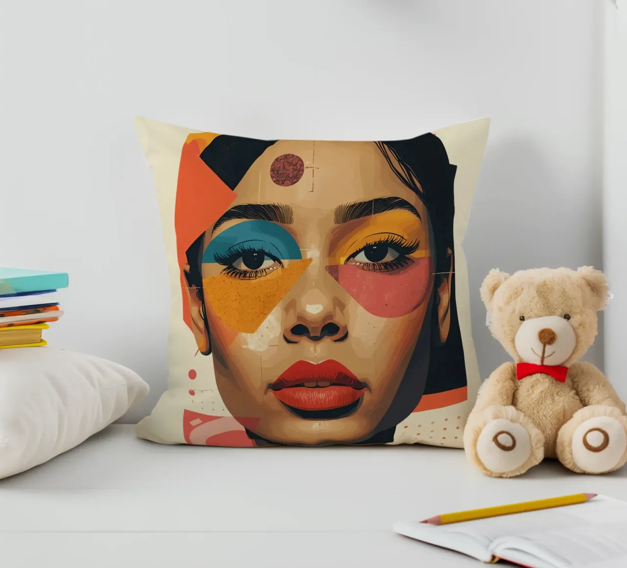 Woman's Face with Geometric Shapes and Abstract Background decorative cushion by DesignDoodle