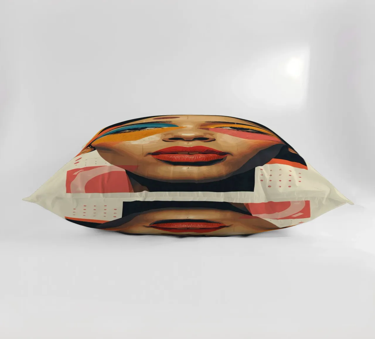 Woman's Face with Geometric Shapes and Abstract Background decorative cushion by DesignDoodle