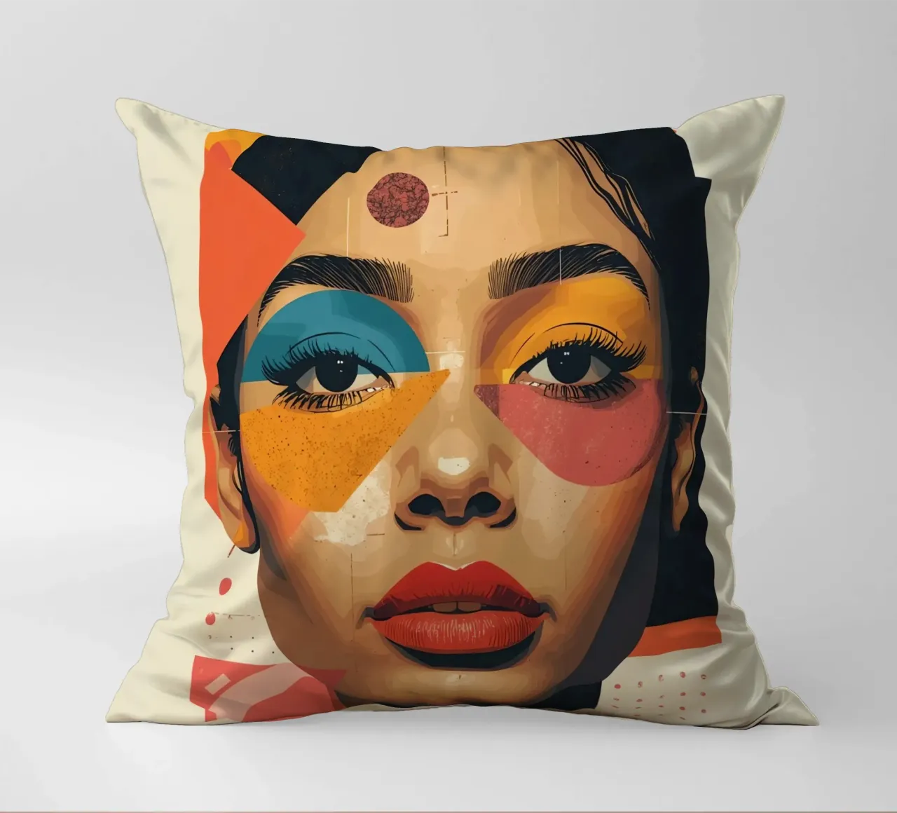 Woman's Face with Geometric Shapes and Abstract Background decorative cushion by DesignDoodle