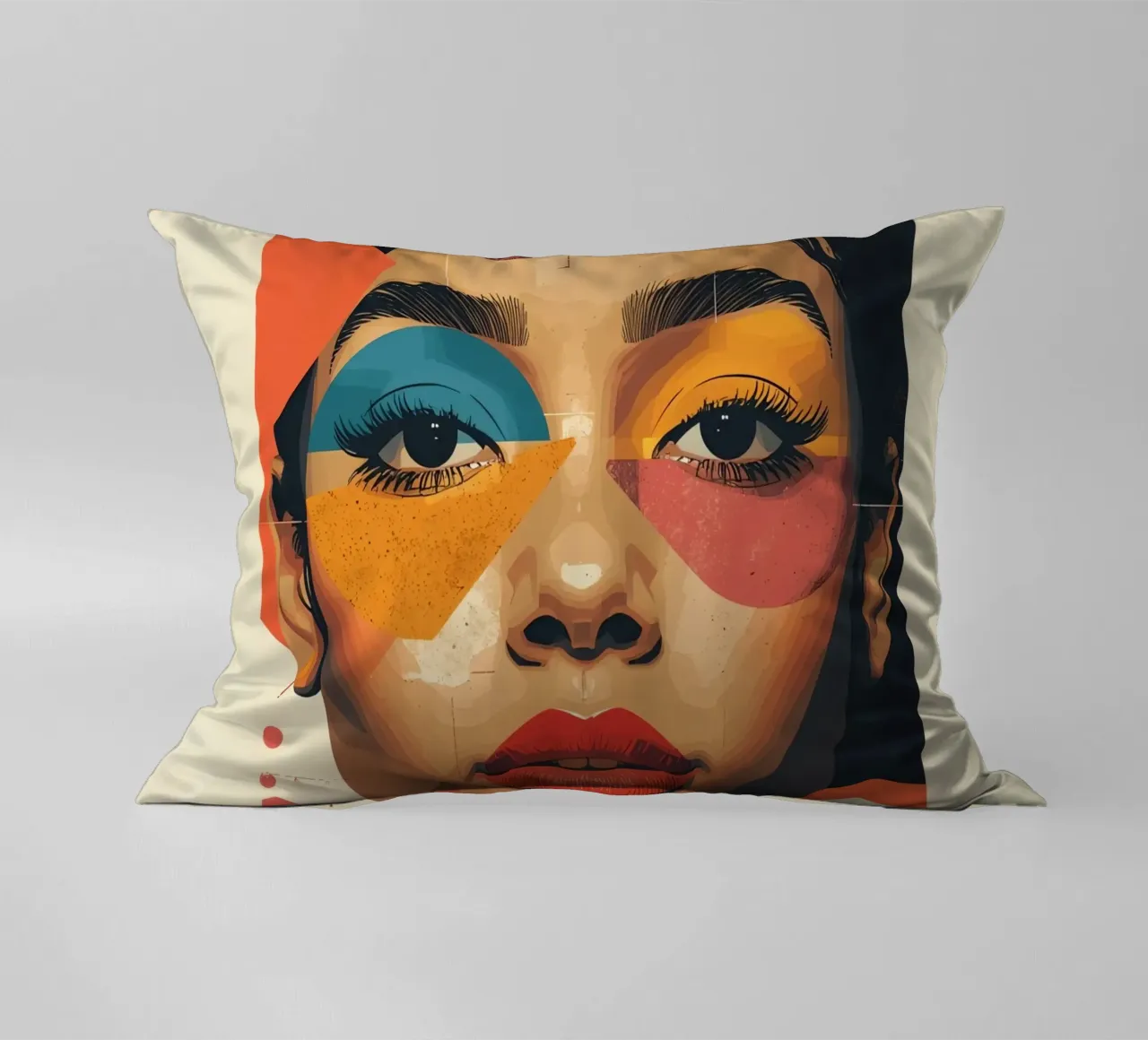Woman's Face with Geometric Shapes and Abstract Background decorative cushion by DesignDoodle